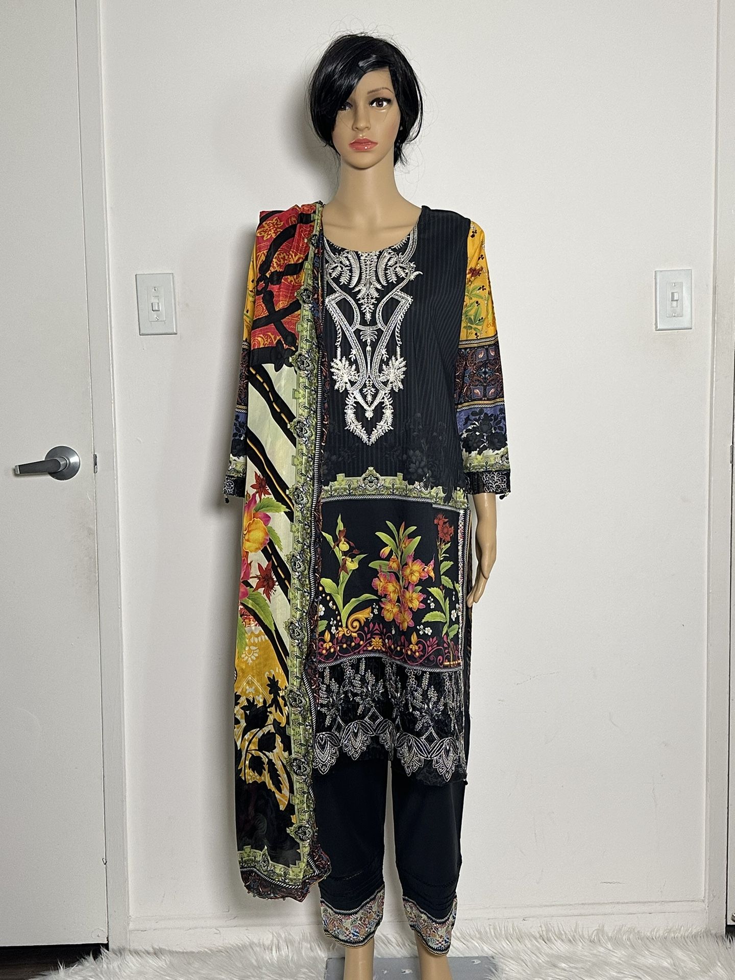 Pakistani Embroidered Black Lawn Shalwar Kameez With Printed Chiffon Dupatta
