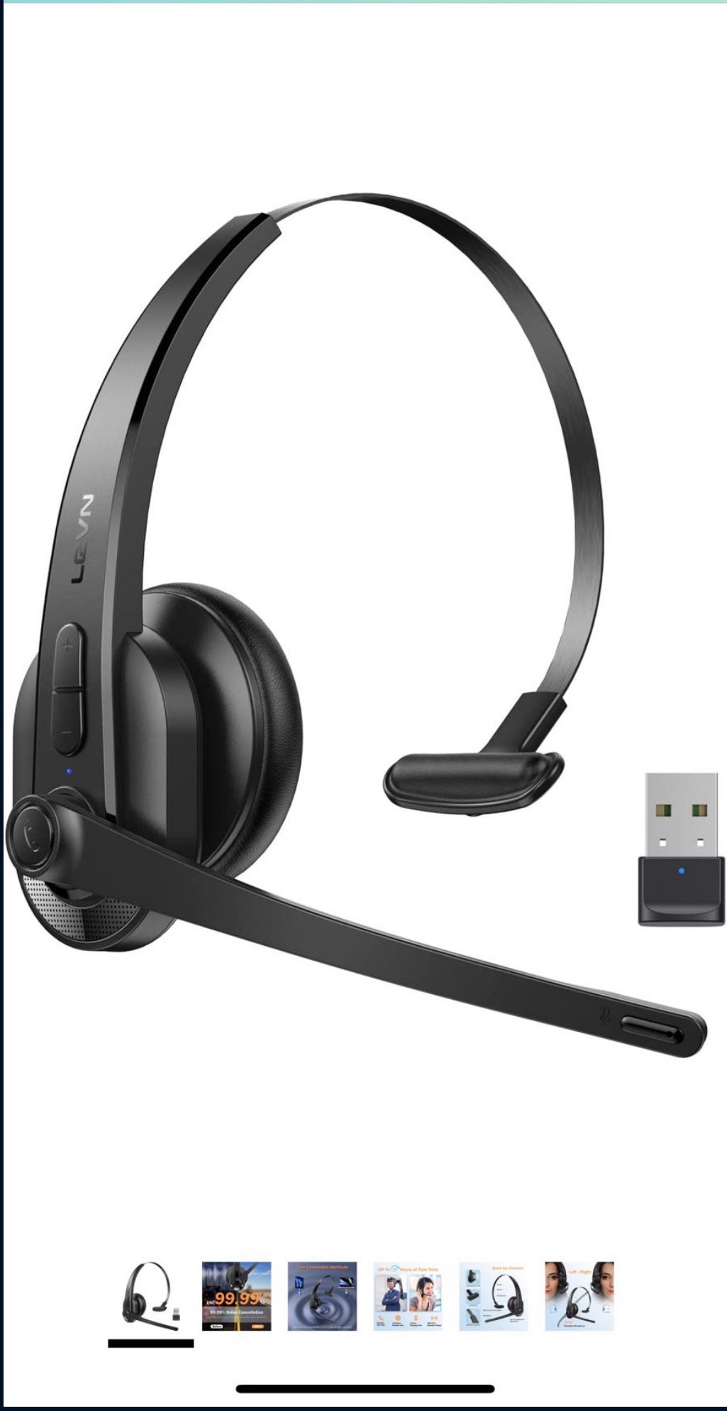 LEVN Wireless Headset, Bluetooth Headset with Microphone AI Noise Canceling & Mute Button, 35Hrs On-Ear Bluetooth Headphones with USB for Call Center/