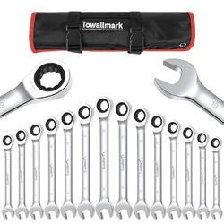 Towallmark 14-Piece Wrench Set, Ratcheting Wrench Set, Metric 6-19mm, Fixed Head Ratcheting Combination Wrenchs, Chrome Vanadium Steel with Storage Ba