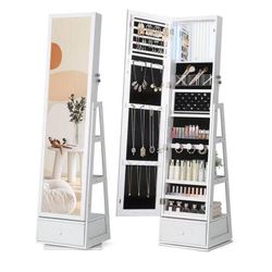 360° Rotating Jewelry Cabinet with Lights - Full-Length Mirror Jewelry Armoire Organizer with Touch Screen Vanity Mirror, Storage Drawers & Shelves fo