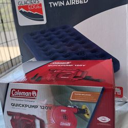Twin airbed 74 in x 39 in 500 lbs + quickpump 120 v New, unused