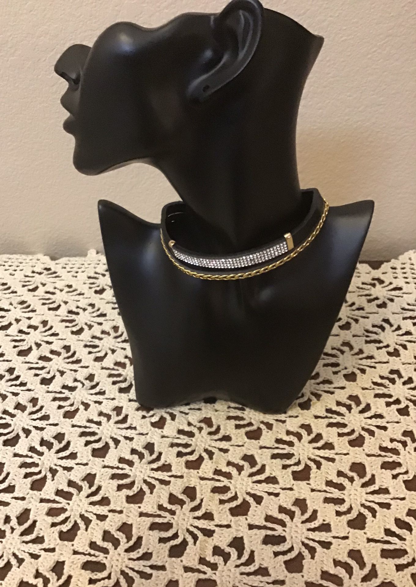 Fashion Gothic Double Strand Black leather with gold chain and Rhinestones Choker Necklace.
