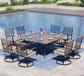 9-Piece Metal Outdoor Dining Set with Square Table and Swivel Chairs with Beige Cushions
