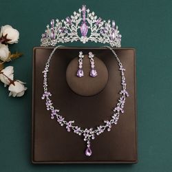 Elegant Crystal Necklace Earrings Tiara Crown Set For Women Wedding Bridal Prom