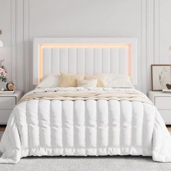 SHA CERLIN Queen Size Velvet Bed Frame with LED Light, Adjustable Vertical Channel Tufted Headboard, Strong Wooden Slats Support, Noise-Free, No Box S