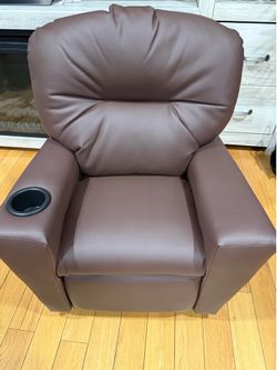 Brown Leather Kids Recliner with Cup Holder