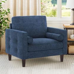  Blue Chenille Fabric Upholstered Accent Chair Solid Wood Frame Button Tufted Armchair