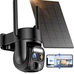 Solar Wireless Outdoor Security Camera， Dual-Lens, 10xZoom, 2K Resolution 3MP 360°Pan/Tilt，2.4&5G WiFi Battery Powered Camera with Spotlight Alarm PIR