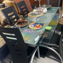 Glass Table Leather Black Chairs Expanding Table 