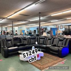 Black Living Room Reclining Sectional Sofa With LED Light 