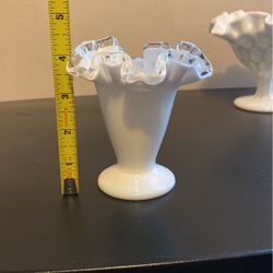 Fenton Milk Glass Ribbon Top Vases 