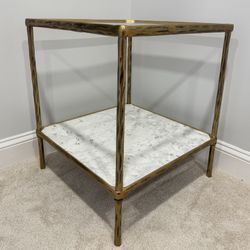 Brass Square Glass End Table with Marble Shelf