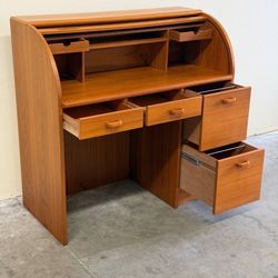 Danish Mid Century Modern Teak Roll Top Desk Tambour Scandinavian Home Office Storage Desk
