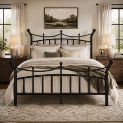 Queen Size Metal Bed Frame, Victorian Crown Style, Black D2