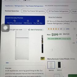 GE Refrigerator/ Freezer, 16.6 cu ft, white