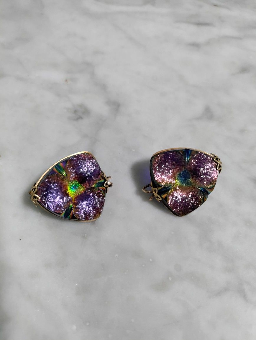 Vintage Purple Flowers Clip Earrings