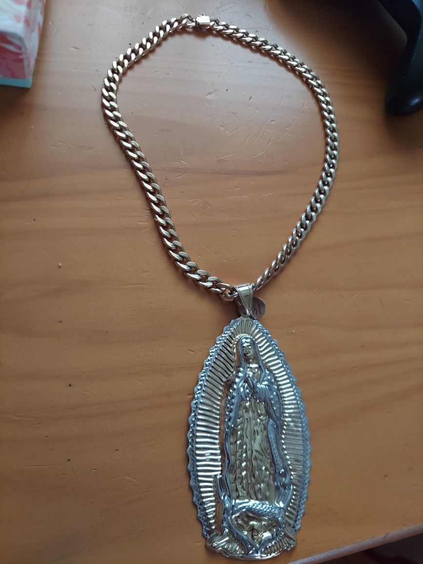 10k Gold Cuban Link Chain 14k Virgin Mary Pedant