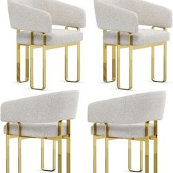 Jajaplus Dining Chair with Arms, Luxury Off White Boucle Barrel Dining Room Chair with Mirrored Gold U-Shaped Legs for Kitchen, Bedroom, Makeup Room,