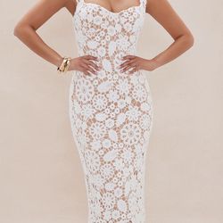 Mykonos Crochet Midi Dress White/Nude
