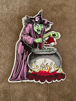 Vintage Klein International, Ltd. Halloween Witch Stirring Cauldron Plastic Die-Cut Yard Stake