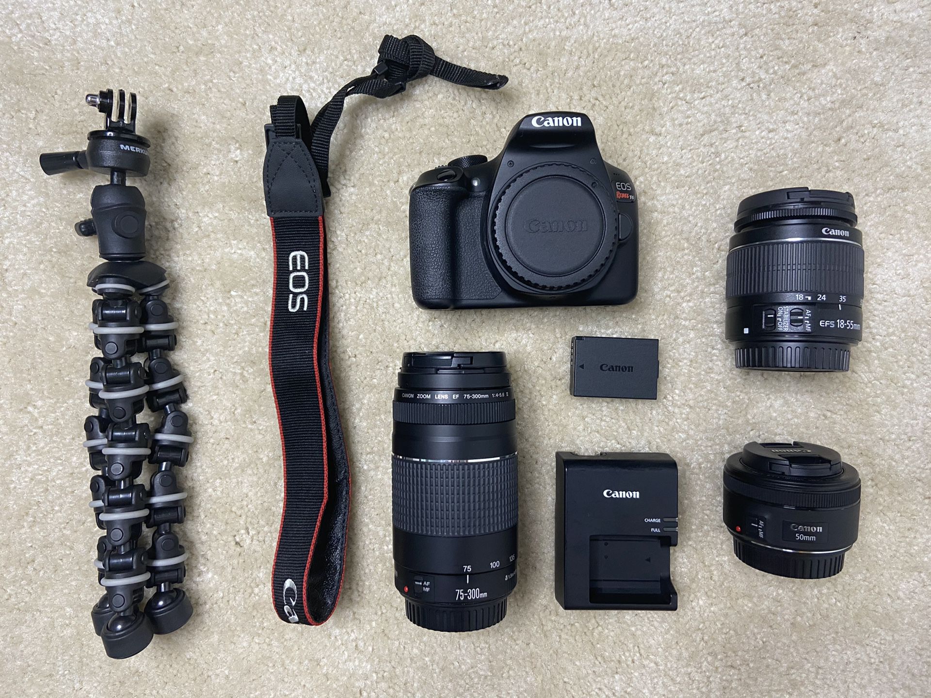 Canon T6 kit with 50 mm lens & camera tripod