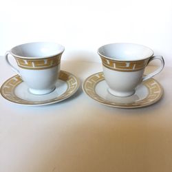 Fine Porcelain Greek Etching Cup & Saucer Set (Set of 2)