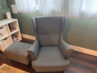 2 Gray Winged Arm Chairs with Ottomans