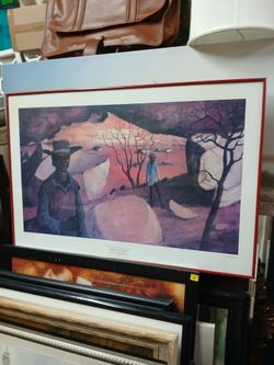 framed art print titled Landscape with Figures by Australian artist Sir Russell Drysdale (1(contact info removed)),