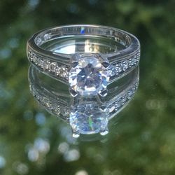 Sterling Silver Ring, CZ Solitaire With Accents, Engagement, Size 8 1/4