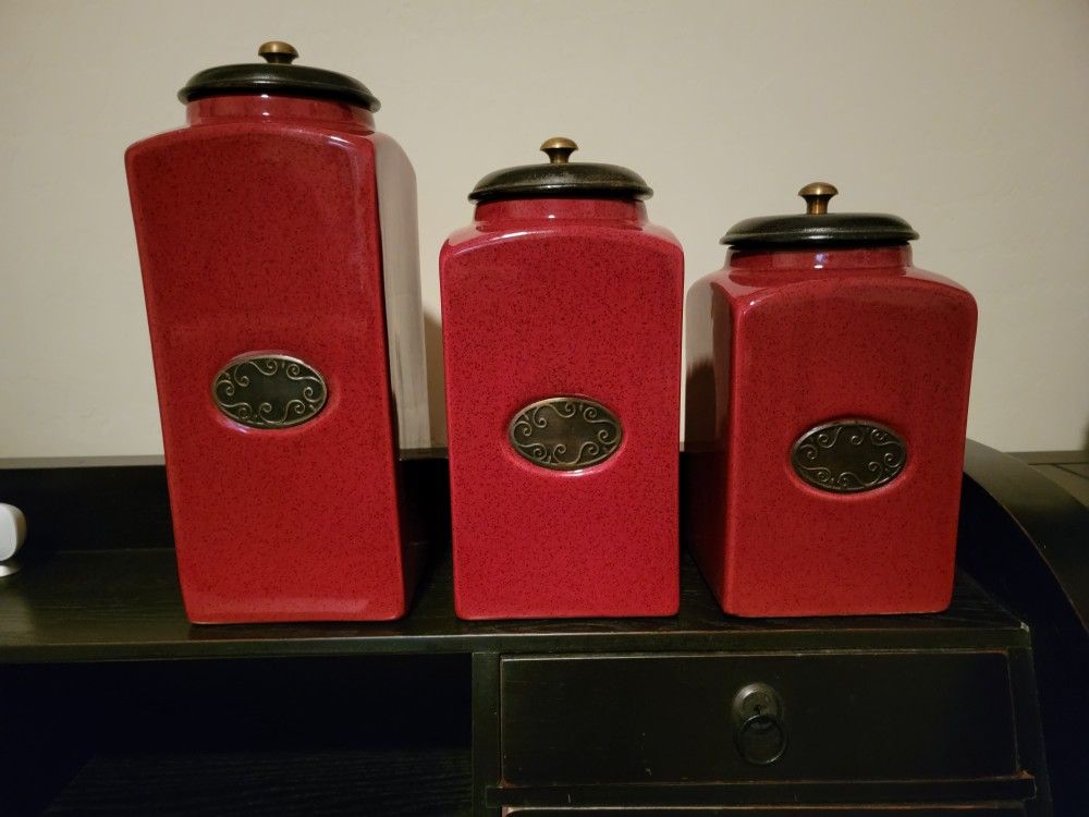 3 Piece Pier 1 Kitchen Canister Set, Red & Black.
