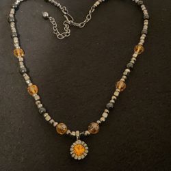 16” Black And Amber Beaded Necklace With Amber Pendant 