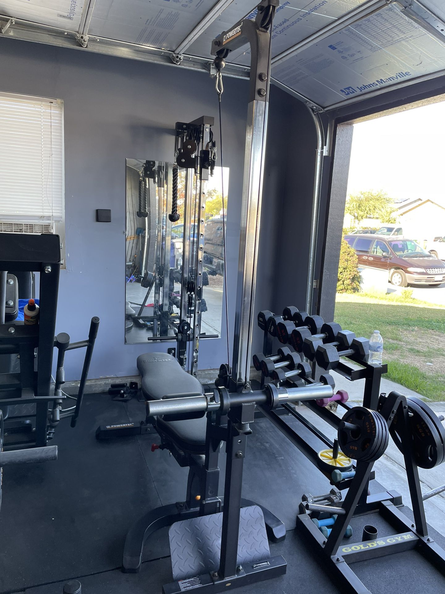Home gym Rogue squat rack/Competition Plates/Change Plates/Powertek Bench With Weights And Attachments