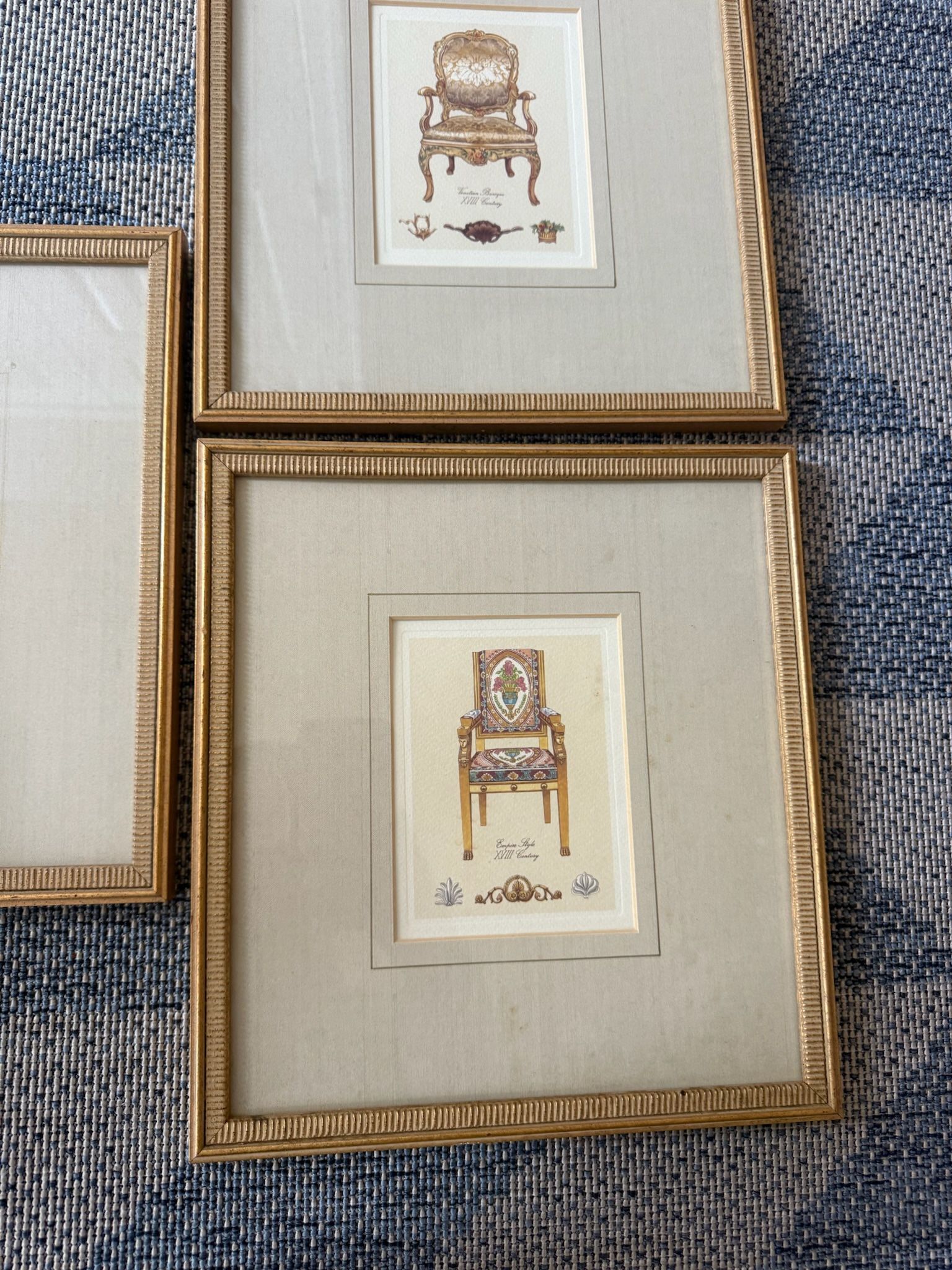 Lot of 5 vintage gold framed matted fancy arm chair pictures Italian English p/u Jamison, Pa 11”x12” frames