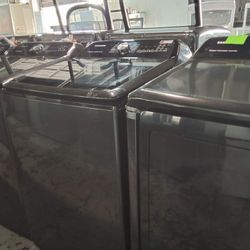 Samsung WasherAndDryerSet 5.2 cu. ft. Large Capacity Smart Top Load Washer Super Speed Wash and  7.4 cu. ft. Vented Smart Electric Dryer in Brushed Bl