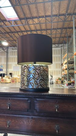 Table Lamp with Patterned Base and Dark Shade