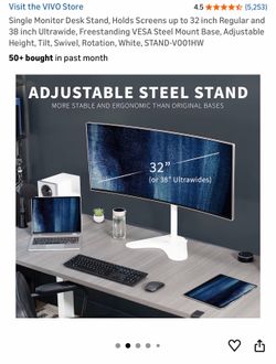Single Monitor Desk Stand, Holds Screens up to 32 inch Regular and 38 inch Ultrawide, Freestanding VESA Steel Mount Base, Adjustable Height, Tilt, Swi