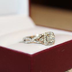 14K White Gold Helzburg Diamond Engagement Ring-Princess Cut Center Diamond with Rose Gold accents.
