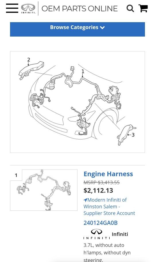 INFINITI/Nissan Complete Engine Room Wiring Harness. Part # 24012-4GA0D