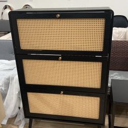 Rattan Shoe Storage Cabinet with 3 Flip Drawers, Entrance Hallway Free Standing Shoe Racks with Wood Legs for Heels, Black