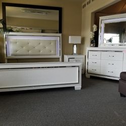 Brand New White LED King Or CA King Bedframe, Dresser, Mirror, Nightstand 4PCs Bedroom Set