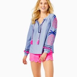 Lilly Pulitzer Haddie Top Blue Chambray-XXS Tassels Embroidered Pineapple Sleeve