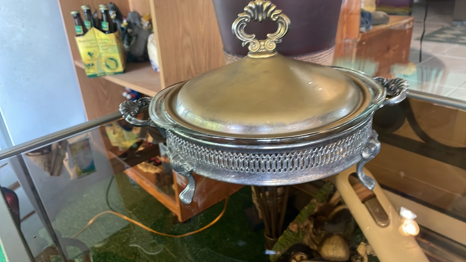 Antique Silver Plated Made In Italy Dishware Cooking Holder withLarge Bowl Pyrex