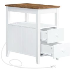 HOOBRO End Table with Outlets and USB Ports, Bedside Table with 2 Drawers and Storage, Large Capacity Nightstand with Rear Book Holder, Farmhouse Styl