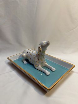 Whippet Greyhound Style Dog Vanity Tray – Teal Gold Rectangular Jewelry Dish Catchall