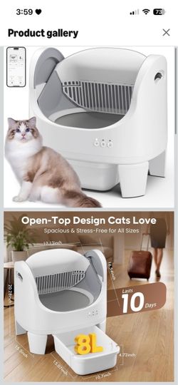 Automatic Cat Litter Box, Self Cleaning Open Top Box with App Control Open-Top Access; Self-Cleaning; App Control; 8L Sealed Bin; 7 Safety Sensors; Qu