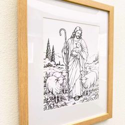 Original Hand Drawn The Good Shepherd Jesus Drawing (Framed)