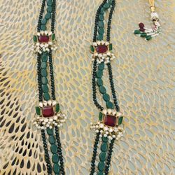 Traditional india pure stones beads, ruby ano pearls multi color necklace