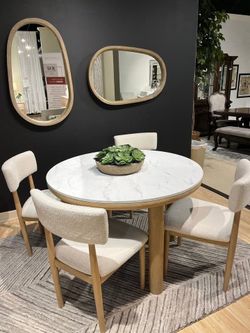 Dining Set features modern vibe w/Natural finish & white marble top