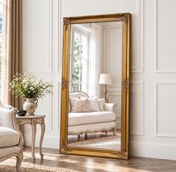 Full Length Mirror 55"x28", Vintage Gold Baroque Floor Mirror, Antique Gold Dimensional Recessed Frame, Ornate Carved Details, HD Shatterproof Mirror
