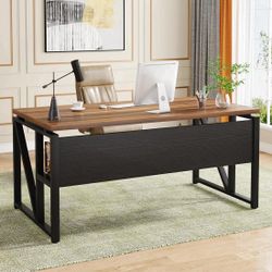 63-In Computer Desk with Storage Shelf, Home Office Desk Writing Table for Workstation, Steel Leg, Dark Brown & Black